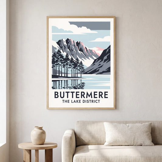 Buttermere travel poster in a natural frame, hanging in a living