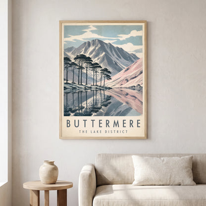 Buttermere travel poster in a natural frame, hanging in a living