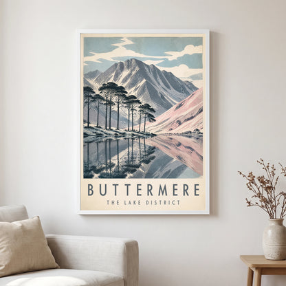 Buttermere travel poster in a white frame, hanging in a living2