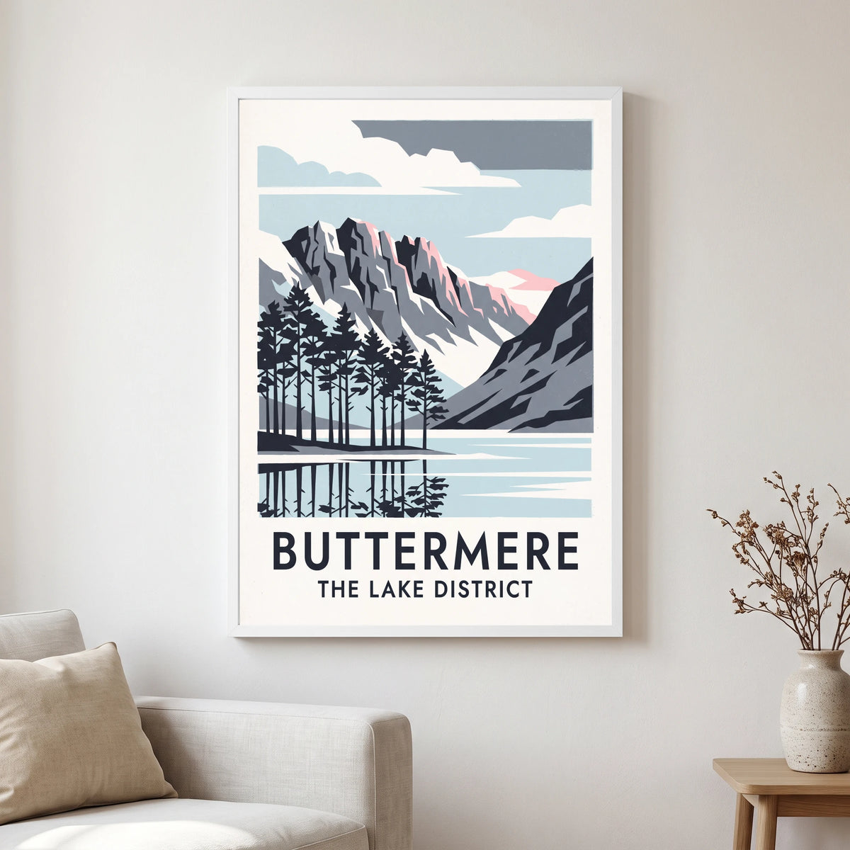 Buttermere travel poster in a white frame, hanging in a living2