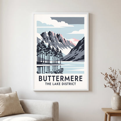 Buttermere travel poster in a white frame, hanging in a living2
