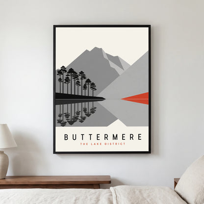 Buttermere travel poster in a black frame, hanging in a bedroom3