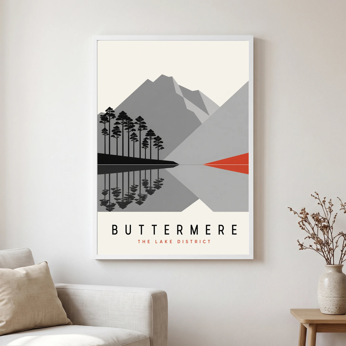 Buttermere travel poster in a white frame, hanging in a living2
