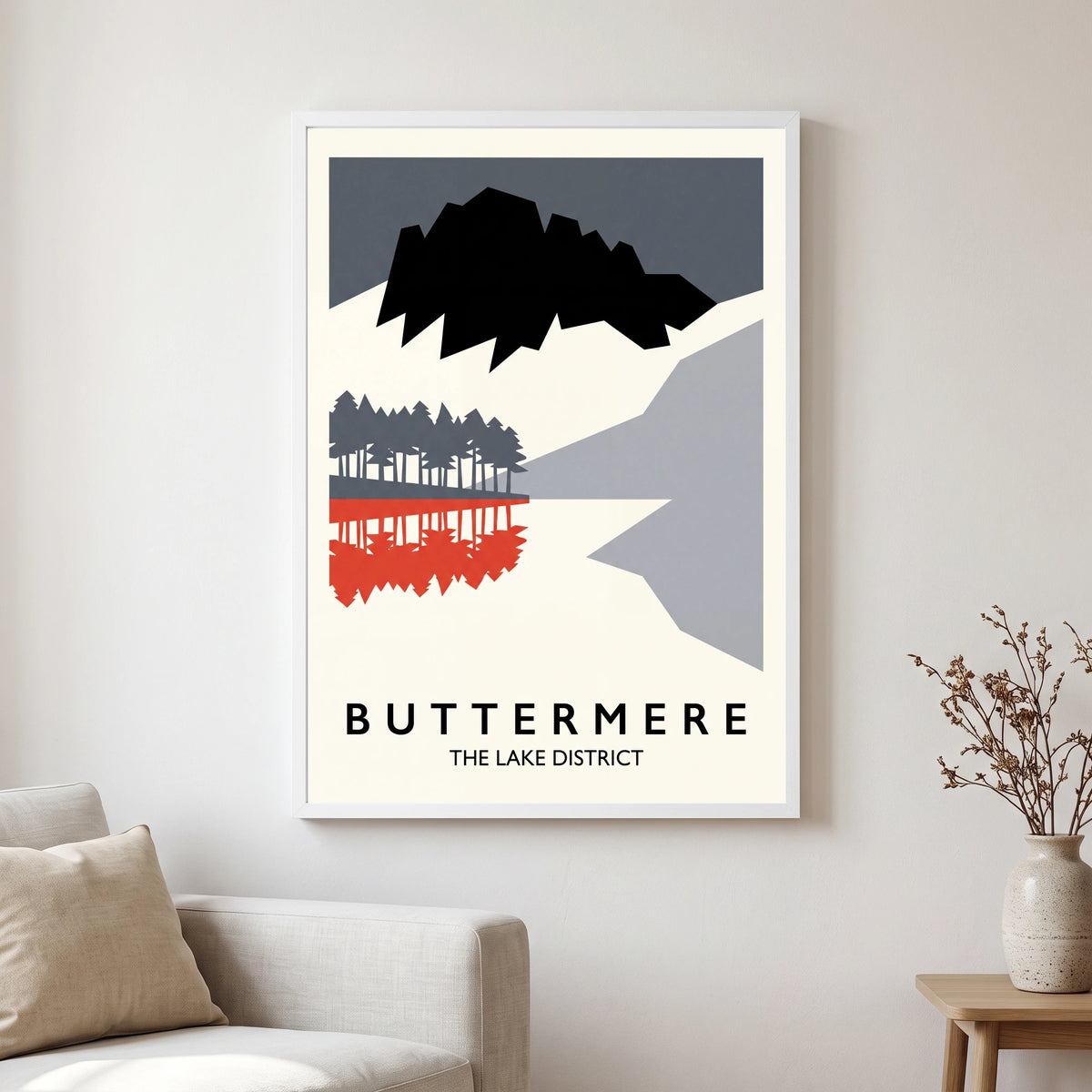 Buttermere travel poster in a white frame, hanging in a living2