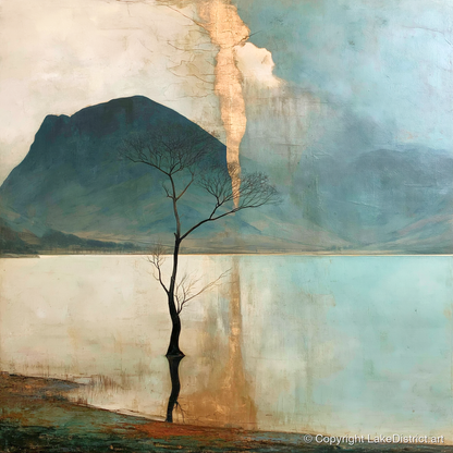 Buttermere Tree in Golden Light - lake district lake art print and canvas by Silas Thorne A.I