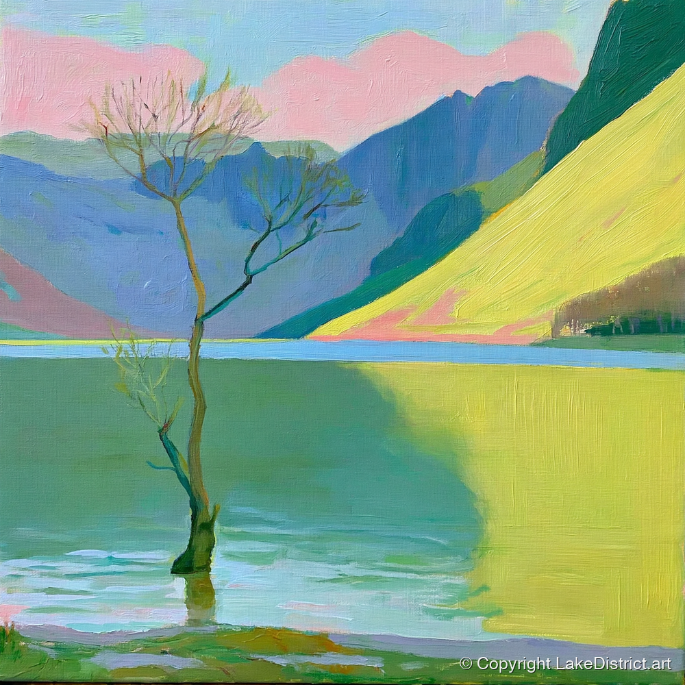 Buttermere Tree Under Pink Skies - lake district lake art print and canvas by Vivienne Roth A.I
