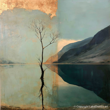 Buttermere Tree with Golden Sky - lake district lake art print and canvas by Silas Thorne A.I