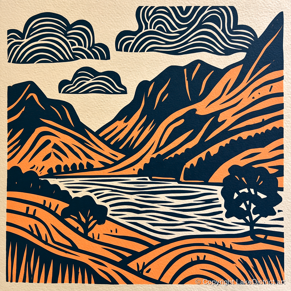Buttermere Valley in Navy and Terracotta - lake district lake art print and canvas by Leon Baxter A.I