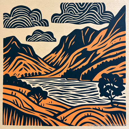 Buttermere Valley in Navy and Terracotta - lake district lake art print and canvas by Leon Baxter A.I