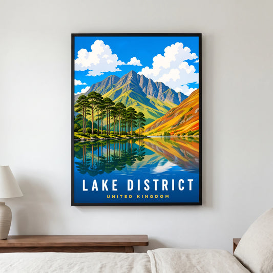 Buttermere travel poster in a black frame, hanging in a bedroom3