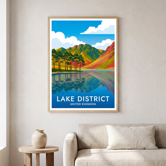Buttermere travel poster in a natural frame, hanging in a living