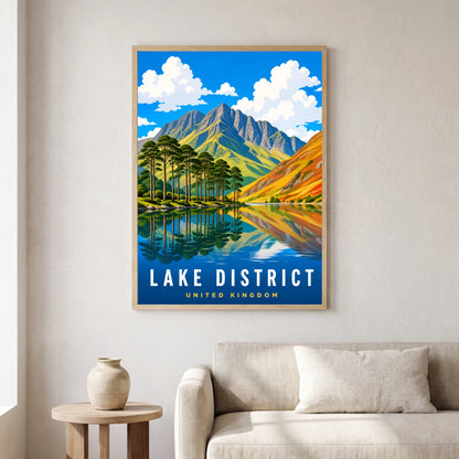 Buttermere travel poster in a natural frame, hanging in a living