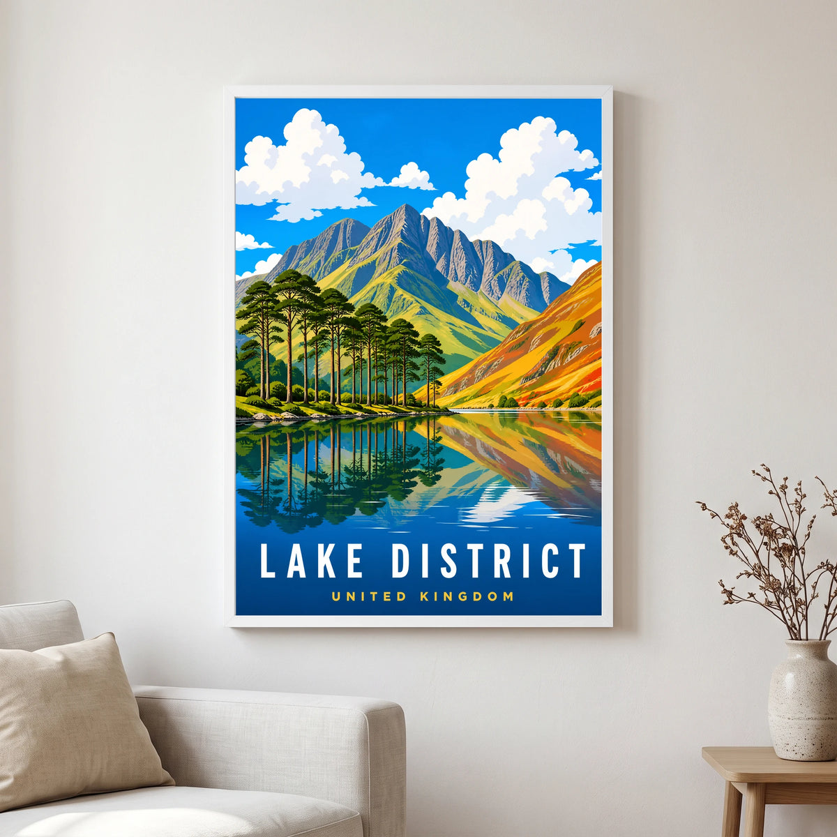 Buttermere travel poster in a white frame, hanging in a living2