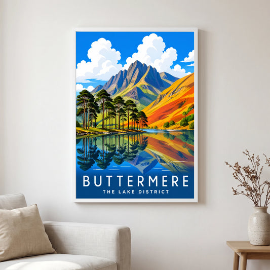 Buttermere travel poster in a white frame, hanging in a living2