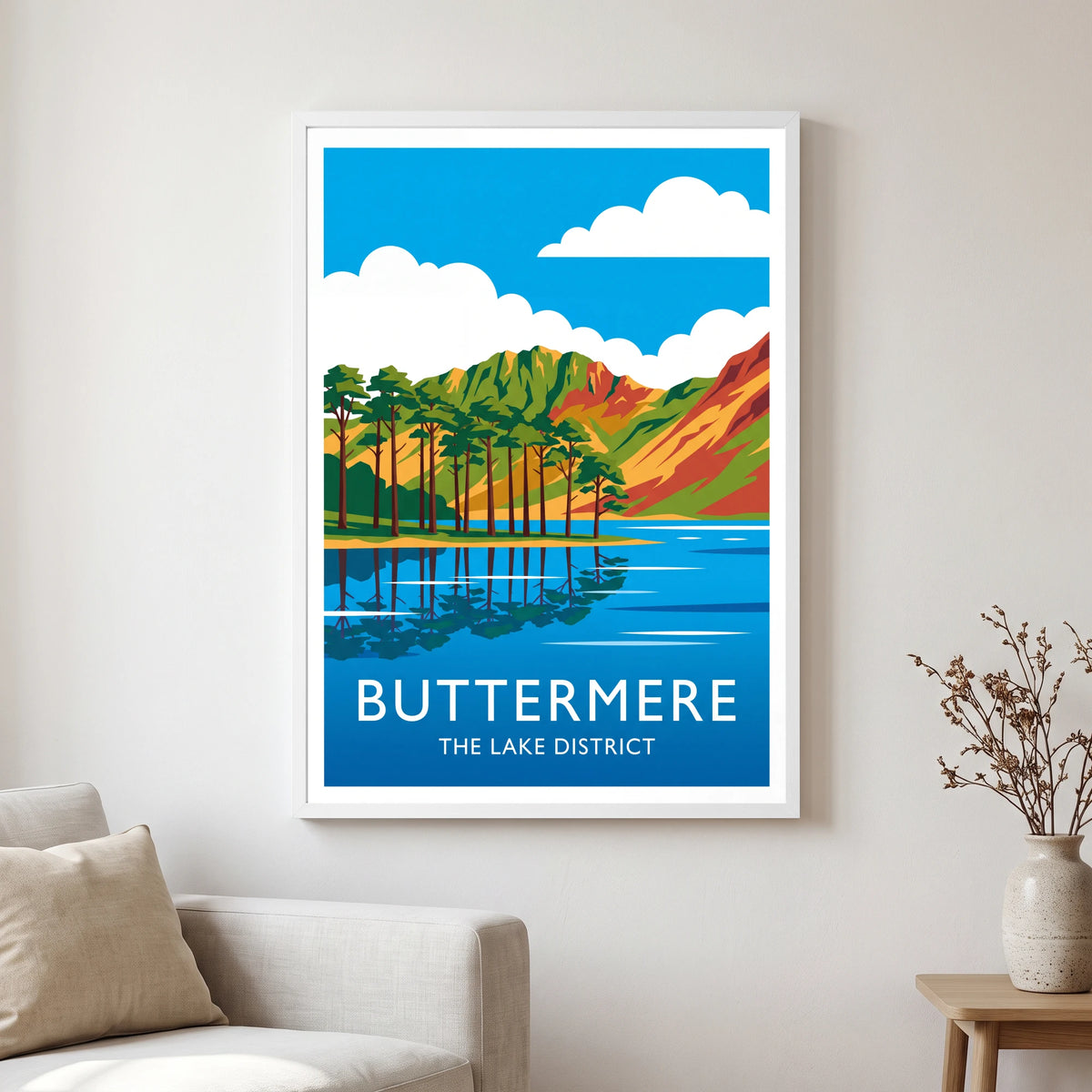 Buttermere travel poster in a white frame, hanging in a living2