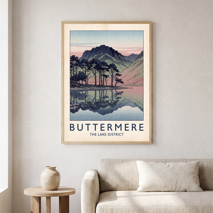 Buttermere travel poster in a natural frame, hanging in a living