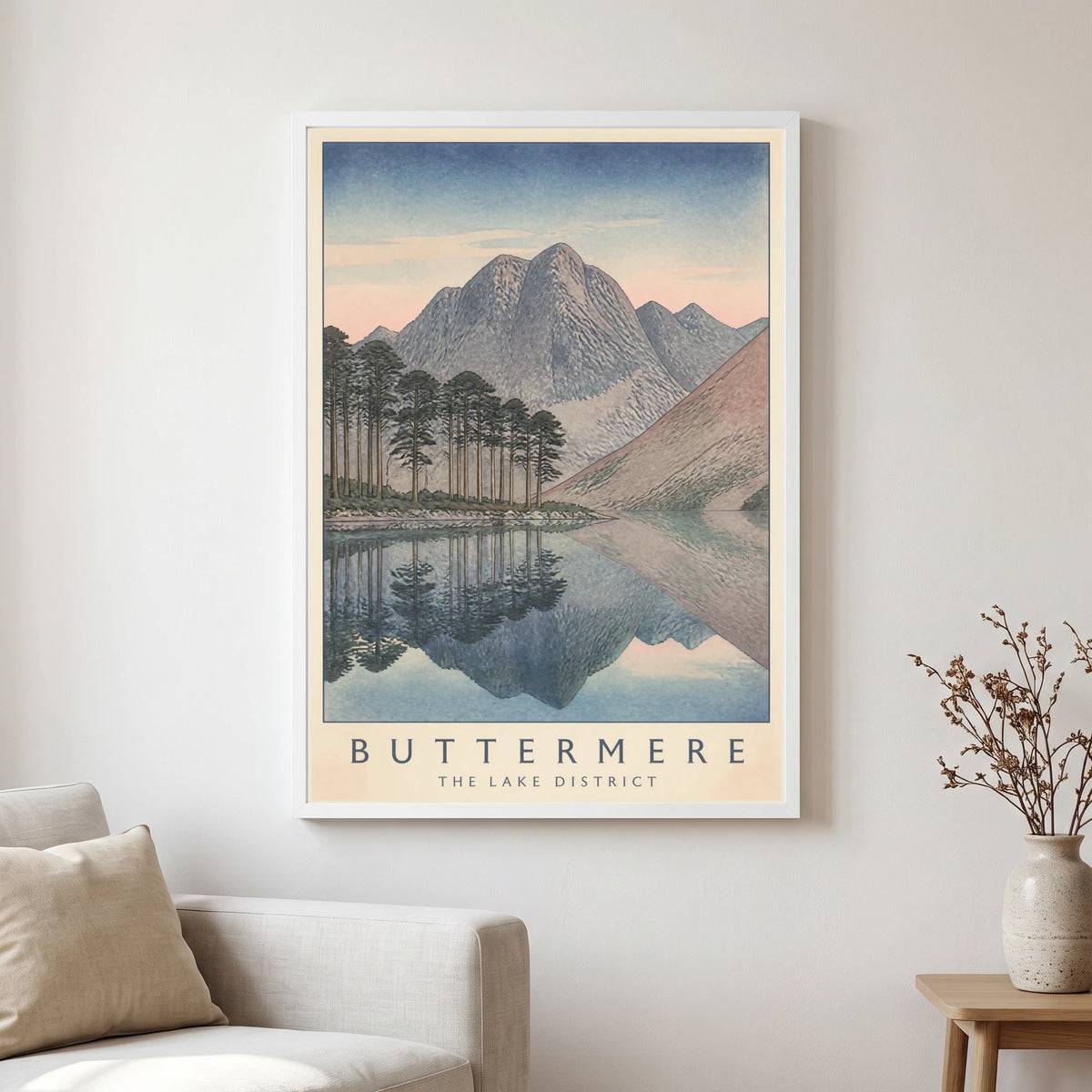 Buttermere travel poster in a white frame, hanging in a living2