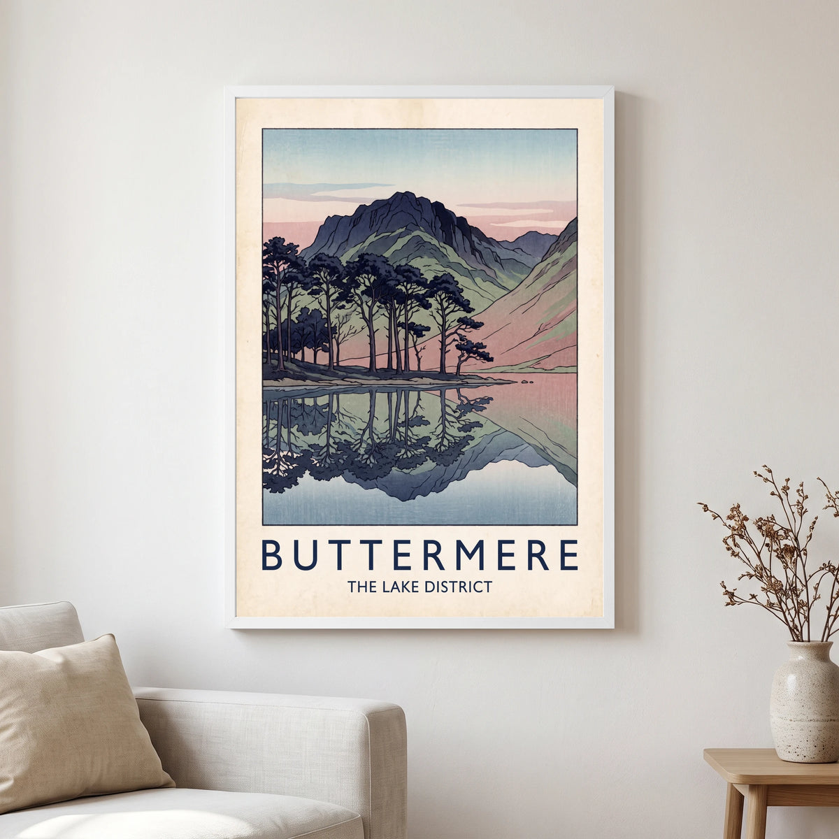 Buttermere travel poster in a white frame, hanging in a living2