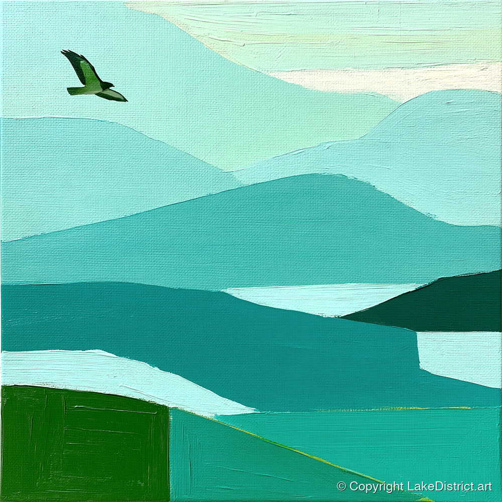 Buzzard Over Teal Fells - lake district wildlife art print and canvas by Sebastian Finch A.I