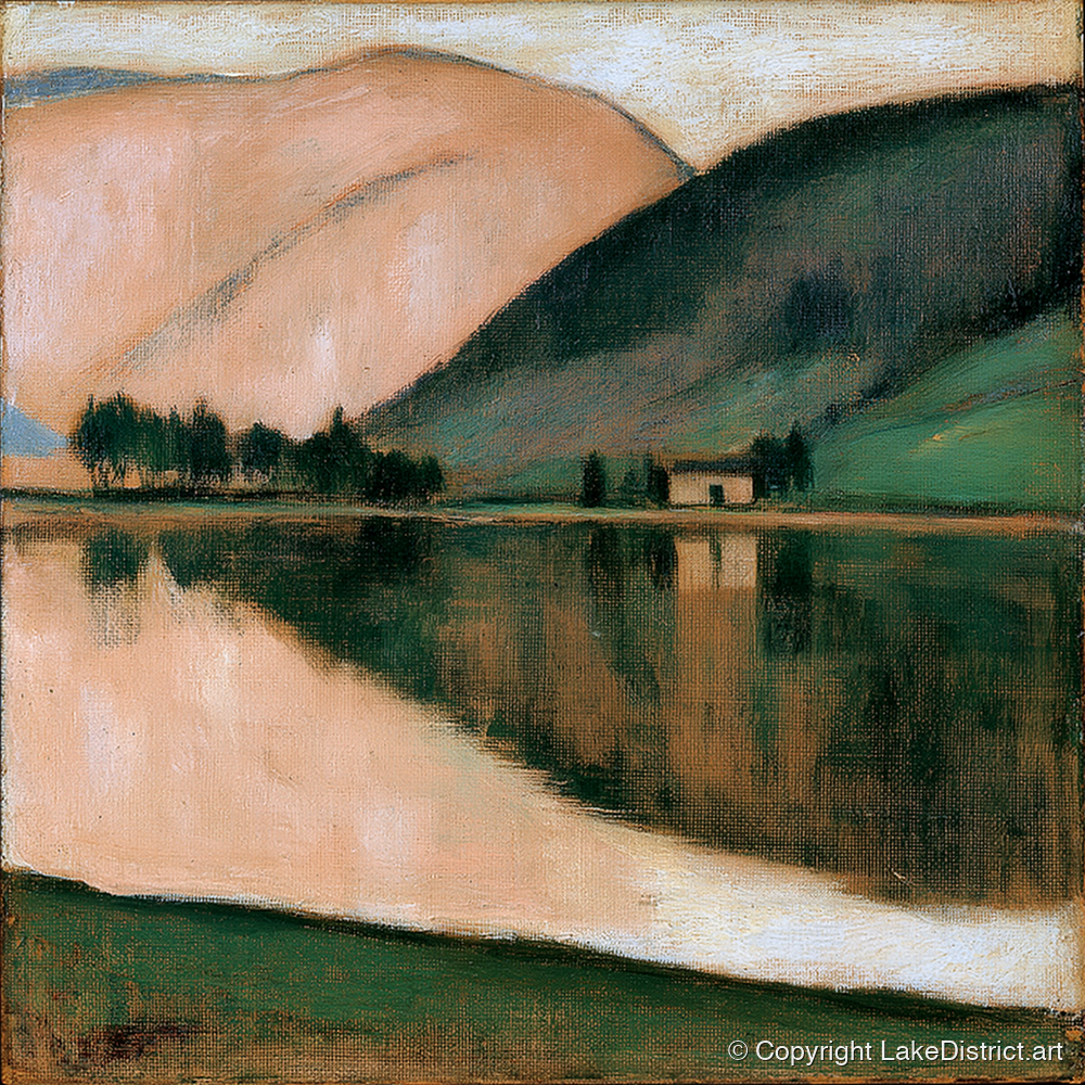 Calm Lake and Terracotta Fells - lake district lake art print and canvas by Arabella Knight A.I