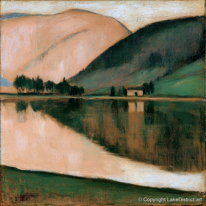 Calm Lake and Terracotta Fells - lake district lake art print and canvas by Arabella Knight A.I