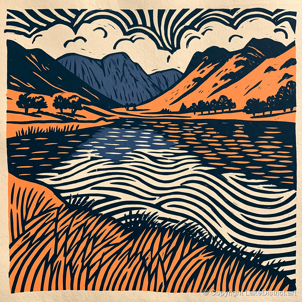 Calm Lake in Navy and Terracotta - lake district lake art print and canvas by Leon Baxter A.I