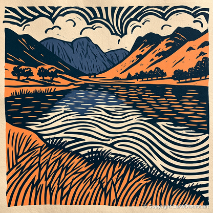 Calm Lake in Navy and Terracotta - lake district lake art print and canvas by Leon Baxter A.I