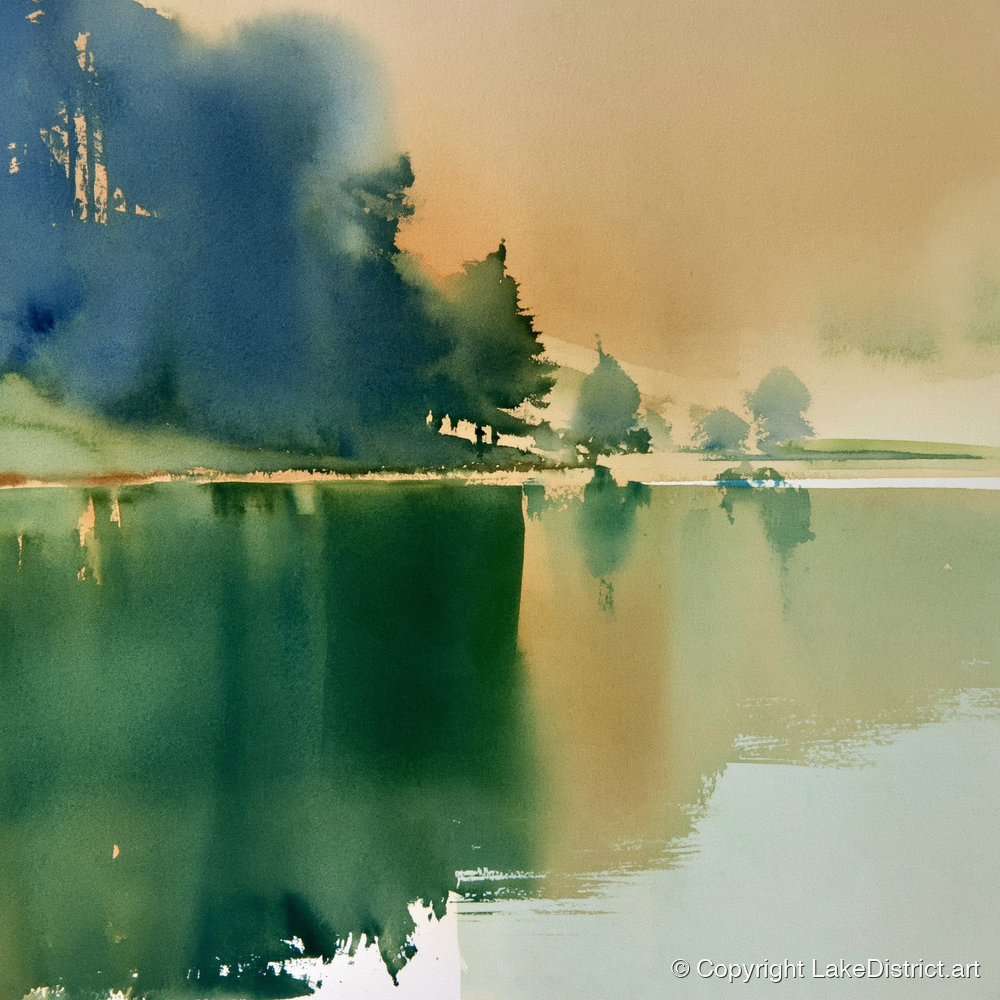Calm Lake Reflections In Teal - lake district lake art print and canvas by Tristan Hayes A.I