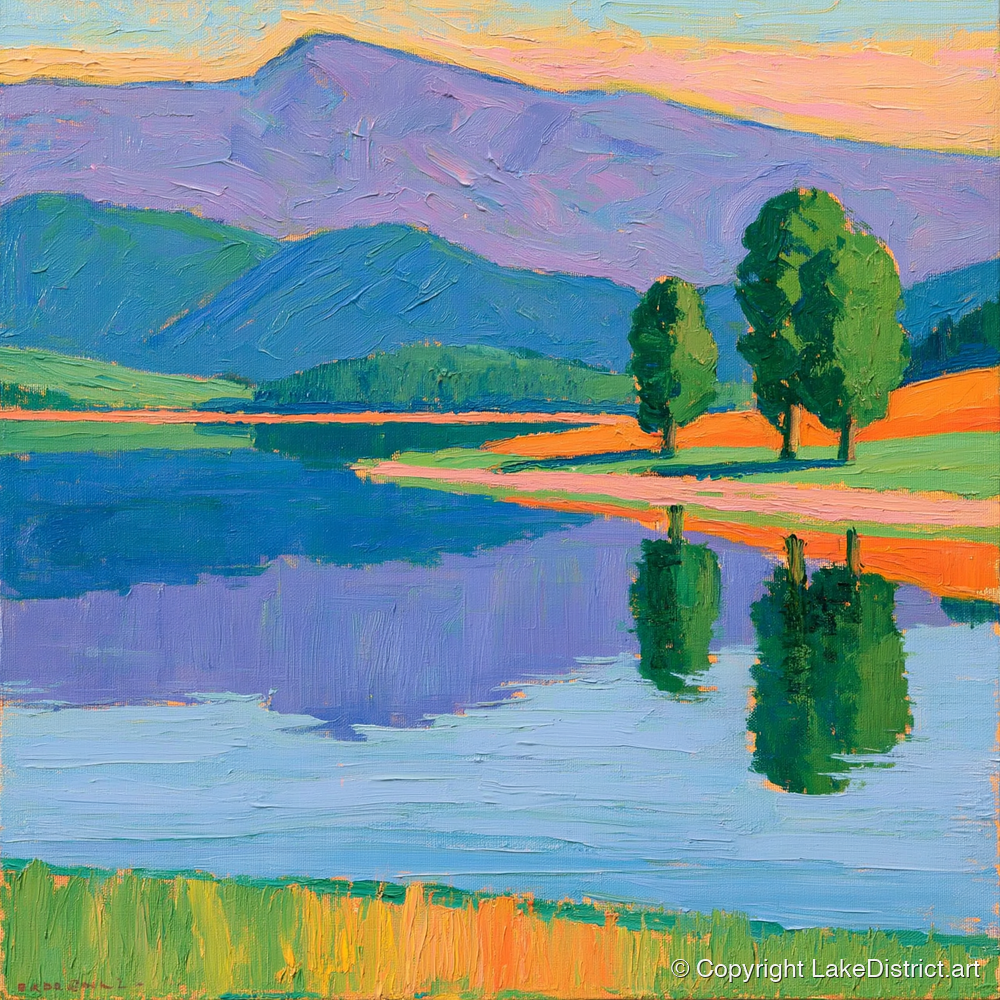 Calm Lake Under Violet Fells - lake district lake art print and canvas by Marshall Davies A.I