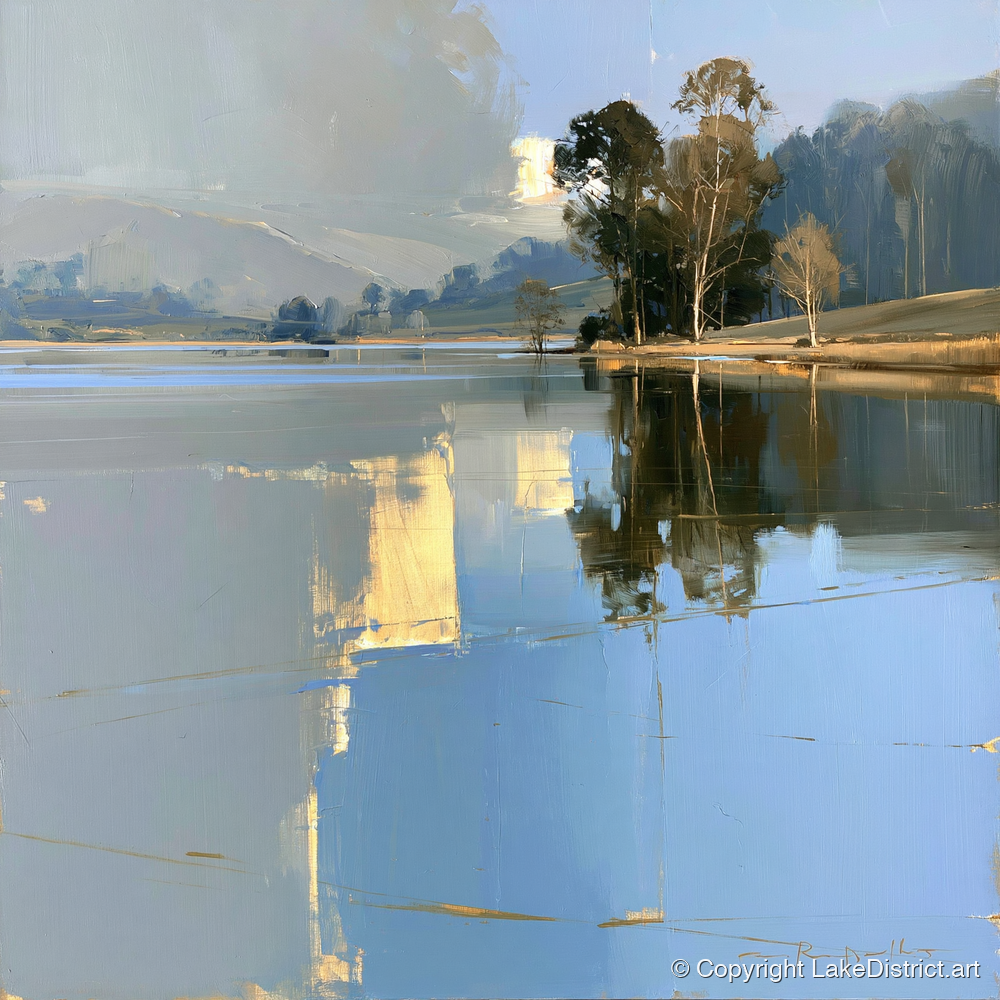 Calm Lake with Golden Reflections - lake district lake art print and canvas by Elias Thorne A.I
