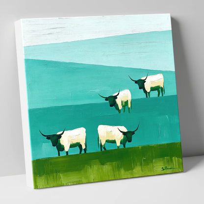 Highland Cattle Against Teal Fells lake district wildlife canvas wall art