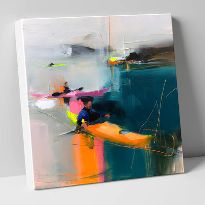 Vibrant Kayaks on Teal Water lake district walking canvas wall art