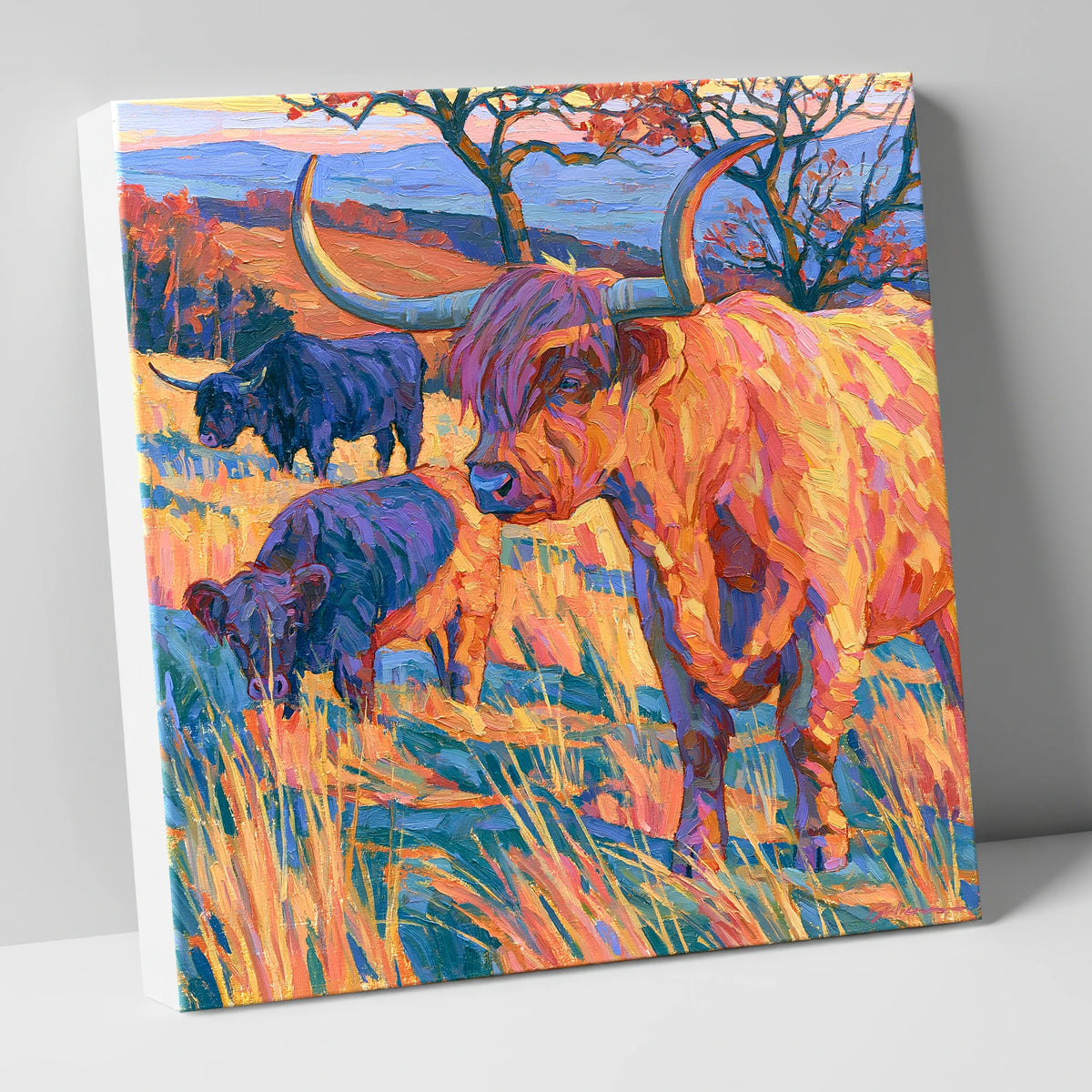 Highland Cattle in Vibrant Fell Light lake district wildlife canvas wall art