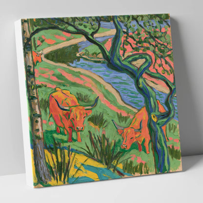Vibrant Highland Cattle by the Beck lake district wildlife canvas wall art