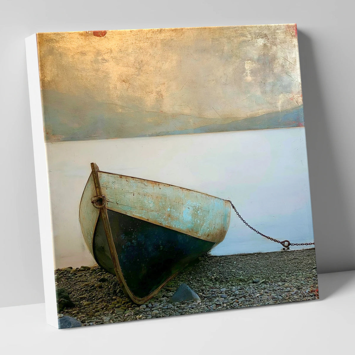 Grounded Teal Boat on Windermere lake district lake canvas wall art