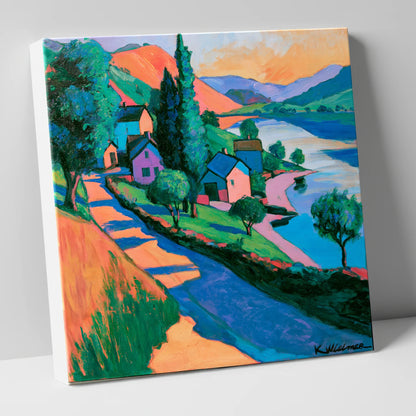 Vibrant Lakeside Village at Sunset lake district village canvas wall art