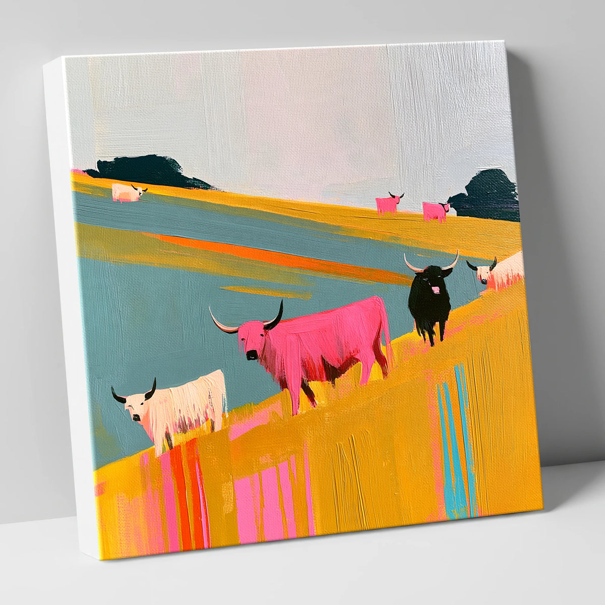 Colourful Highland Cattle Grazing lake district wildlife canvas wall art