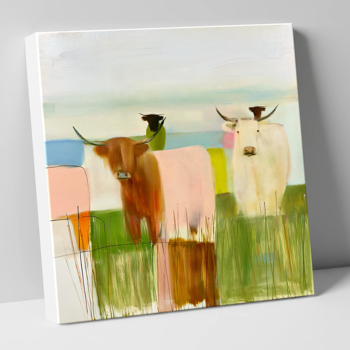 Highland Cattle in Abstract Pastels lake district wildlife canvas wall art