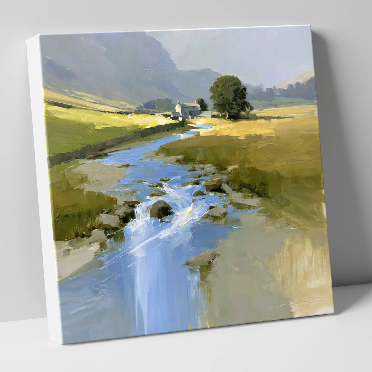 Sunlit Valley Beck and Farmhouse lake district waterfall canvas wall art