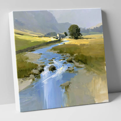 Sunlit Valley Beck and Farmhouse lake district waterfall canvas wall art