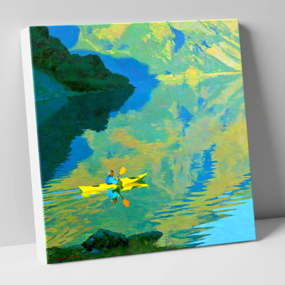 Yellow Kayak on Reflecting Fells lake district walking canvas wall art