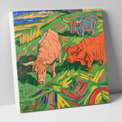 Vibrant Highland Cattle Grazing lake district wildlife canvas wall art