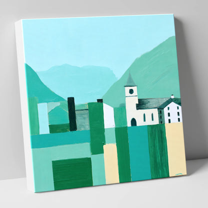 Keswick Townscape in Bold Greens lake district village canvas wall art
