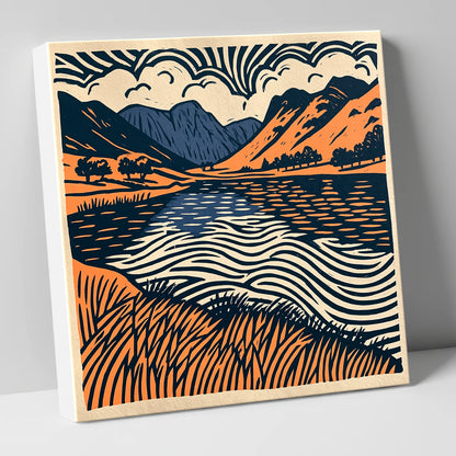 Calm Lake in Navy and Terracotta lake district lake canvas wall art