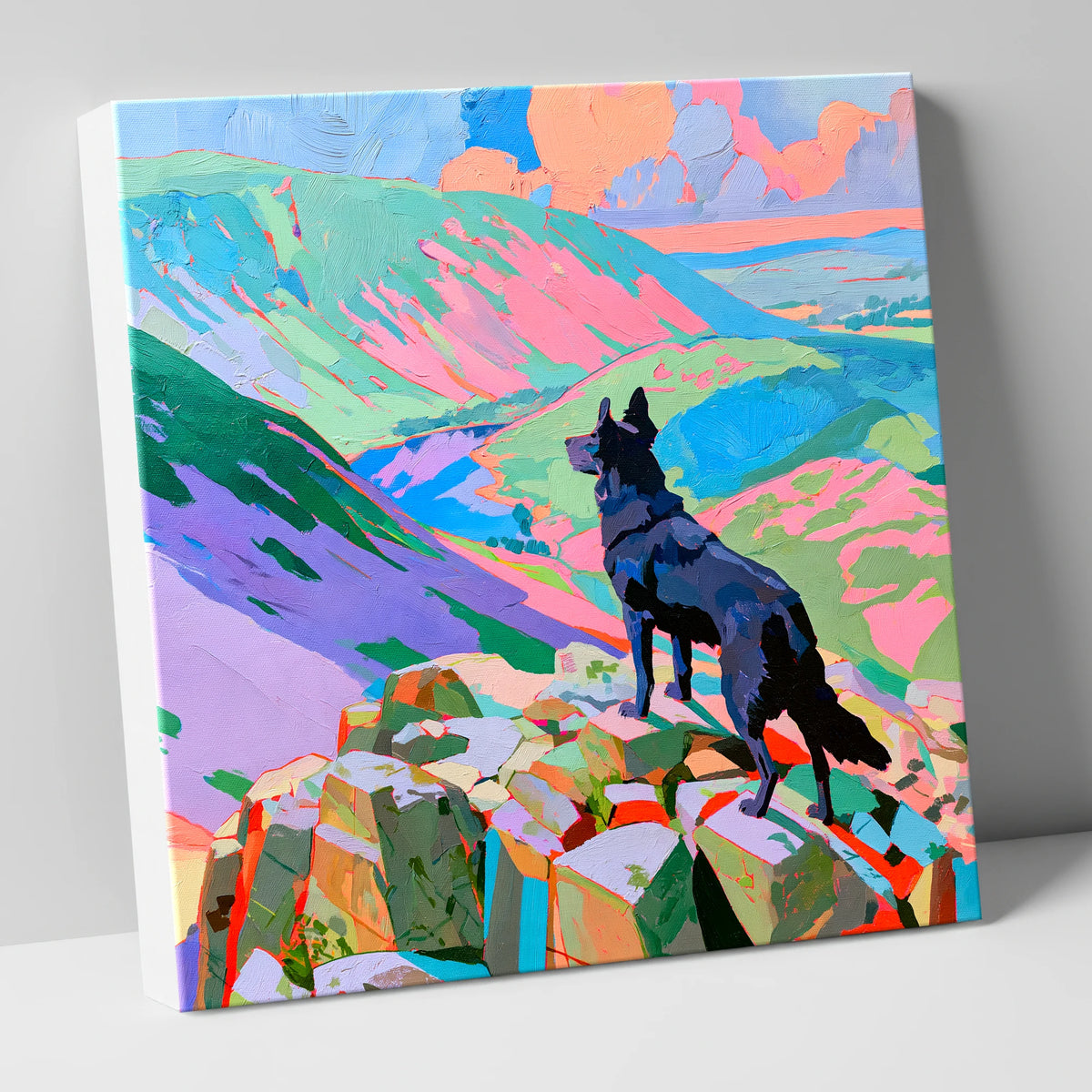 Black Dog on Vibrant Haystacks haystacks wall art canvas wall art