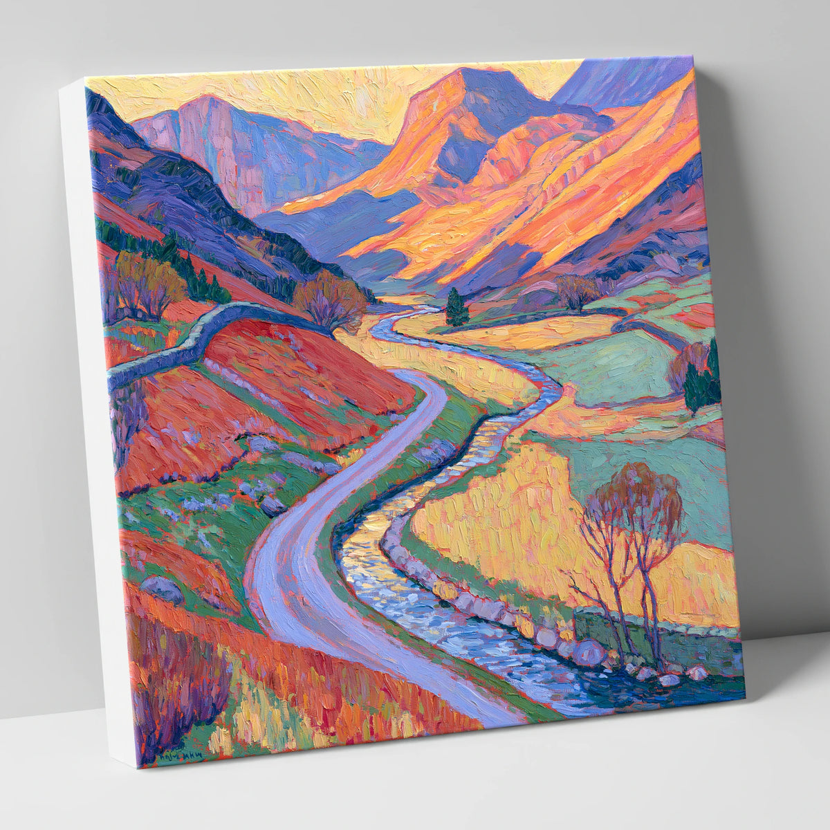 Winding Valley River in Radiant Amber lake district waterfall canvas wall art