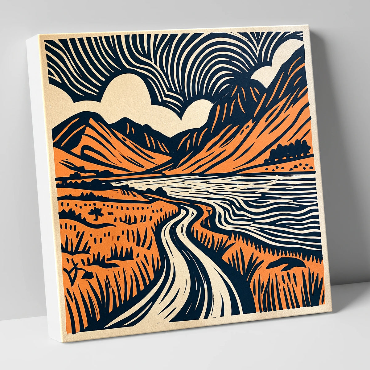 Ennerdale in Navy and Terracotta lake district valley canvas wall art