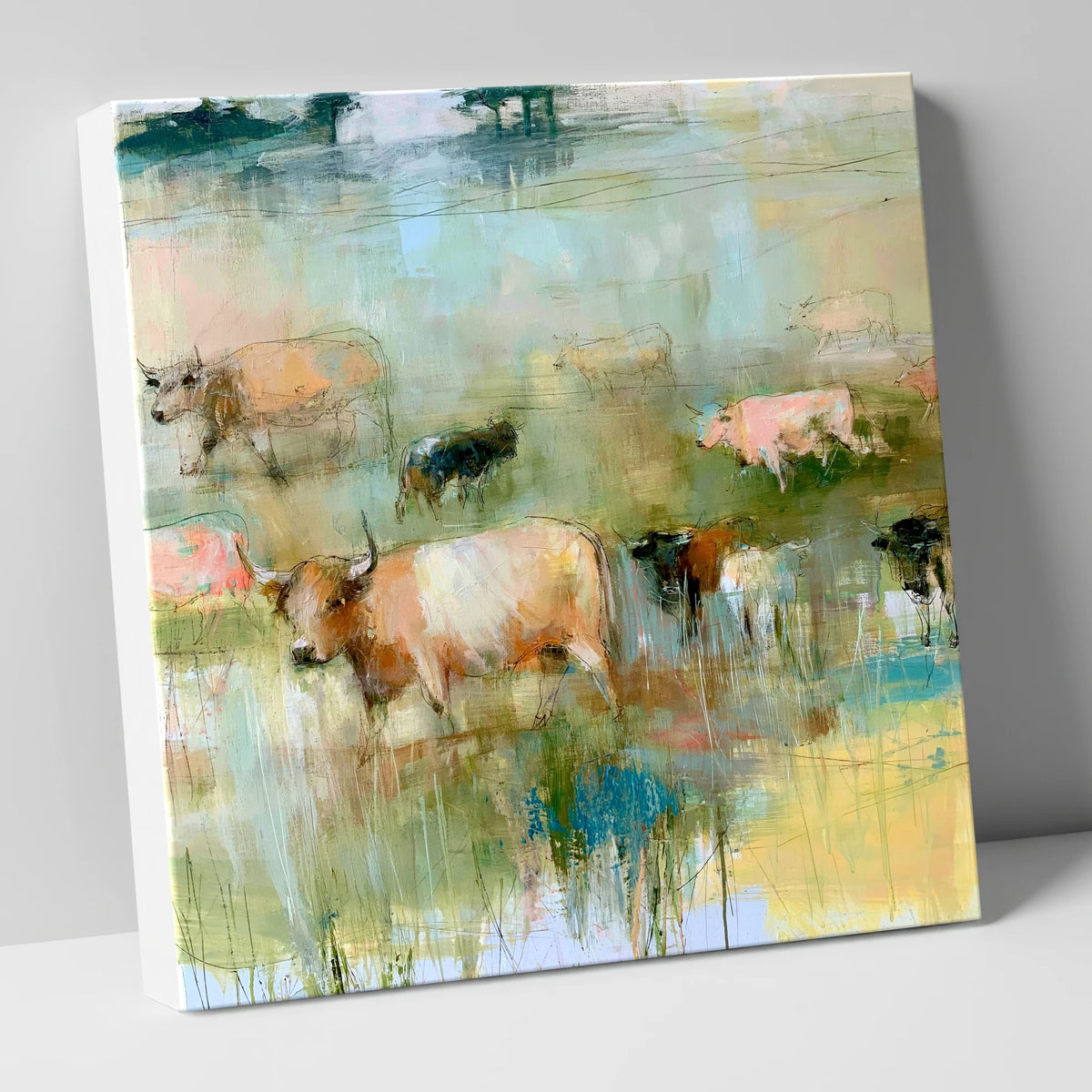 Highland Cattle in Pastel Washes lake district wildlife canvas wall art