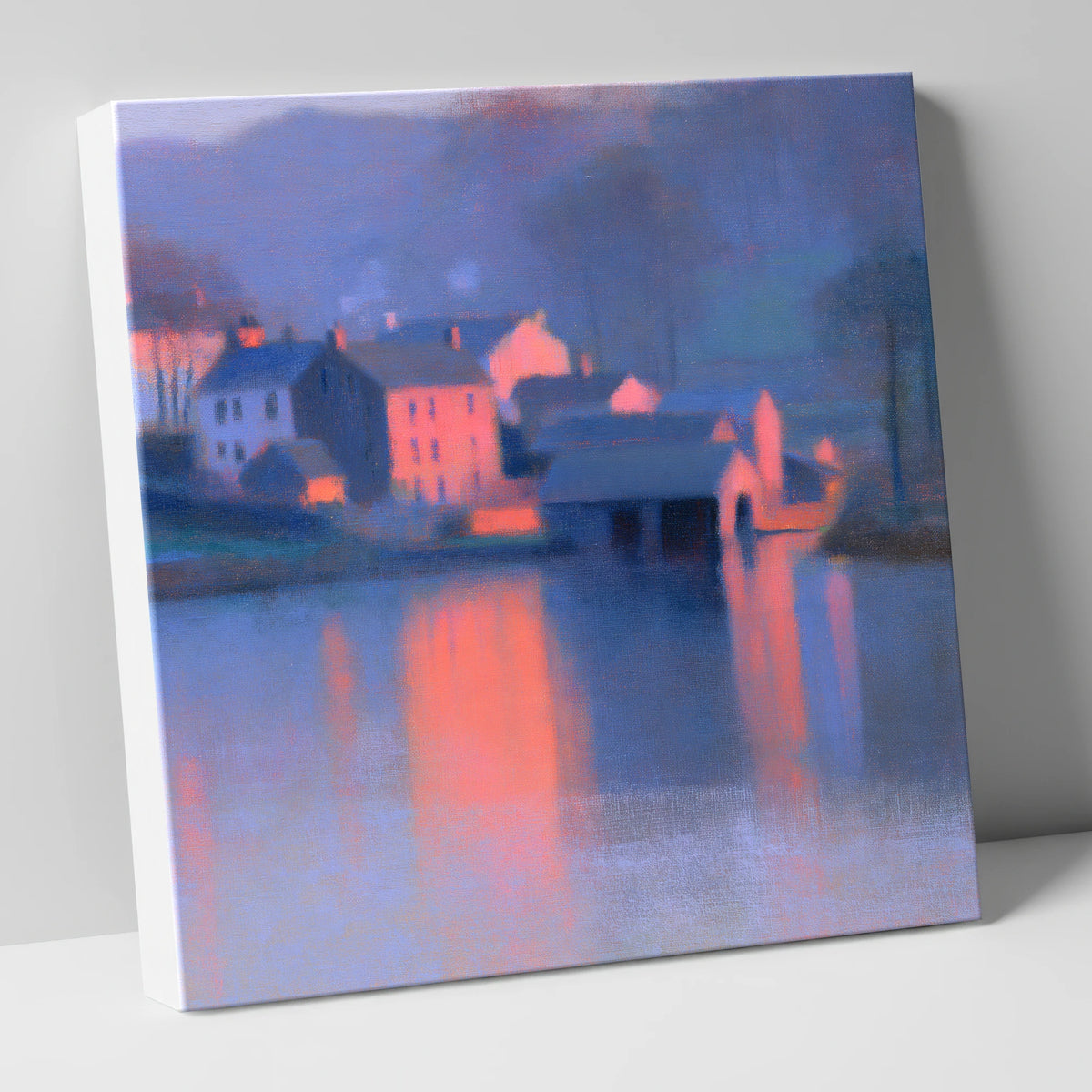 Lakeside Village in Pink Twilight lake district village canvas wall art
