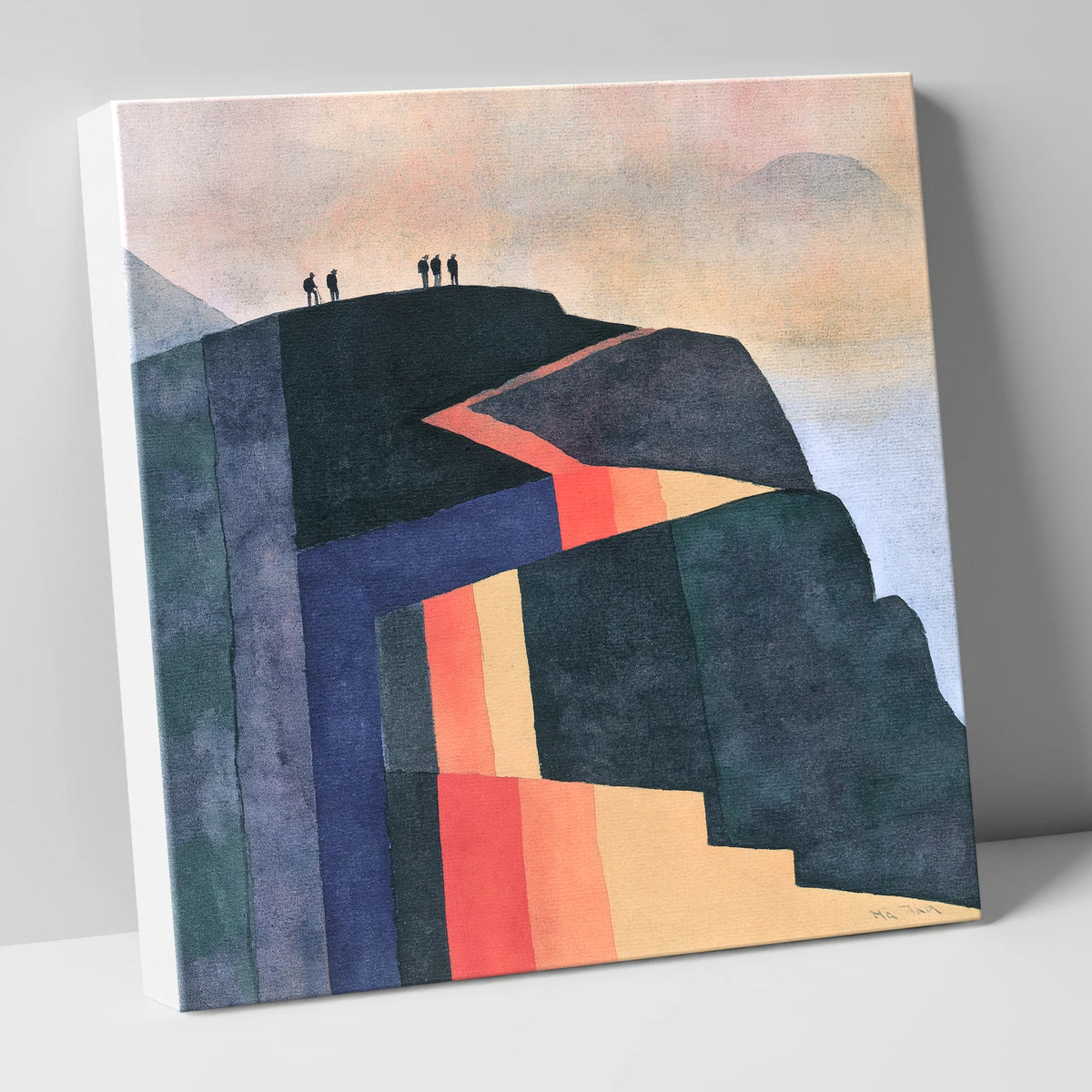 Hikers on Bold Geometric Fells lake district fell canvas wall art